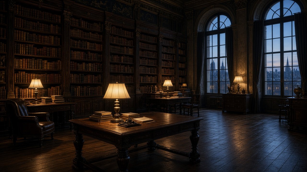A quiet historical European library at dusk, shelves of bound volumes fading into warm shadow