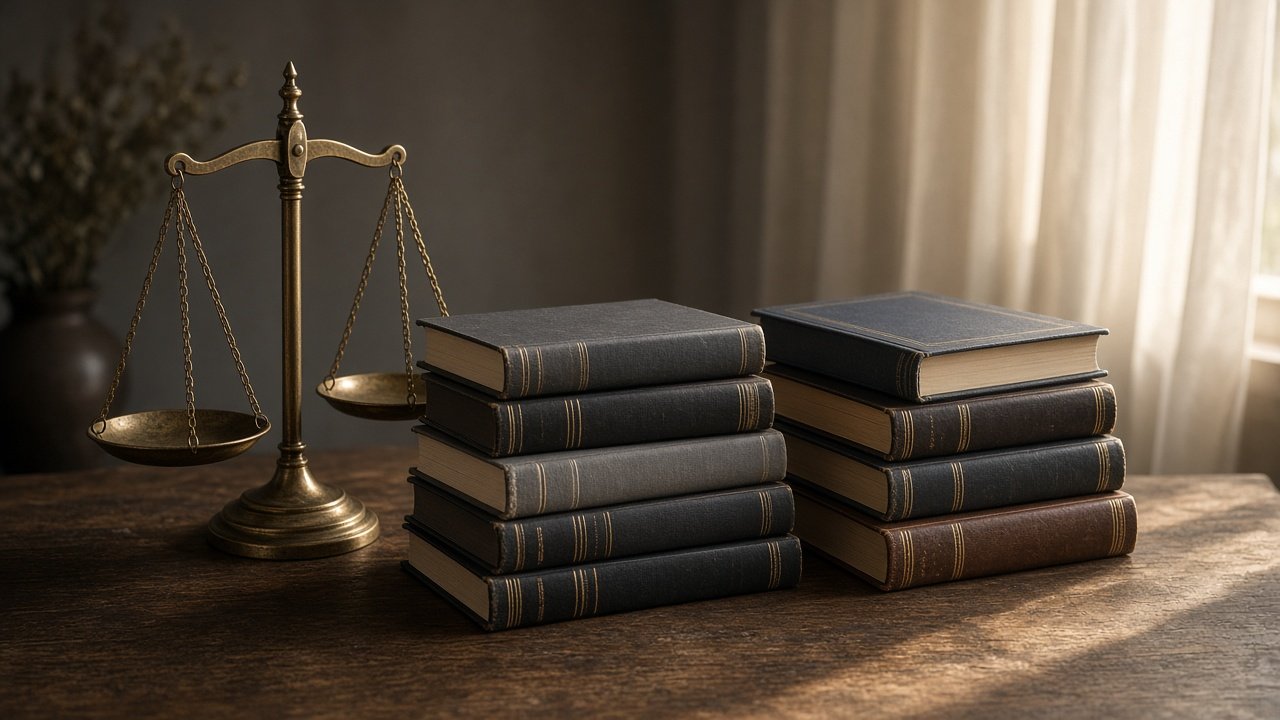 Symbolic balance scales beside stacked research books in warm study light