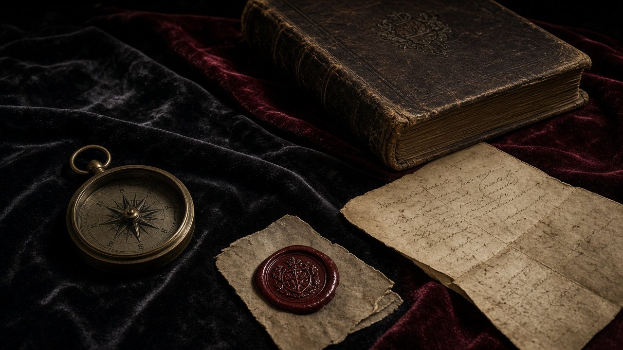 Museum still life of wax seal, compass, ledger, and parchment on dark velvet