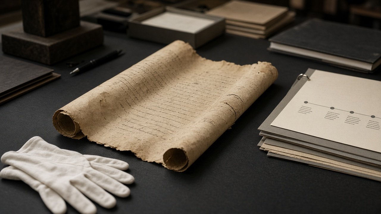 Unrolled historical manuscript and archival notes on a museum table